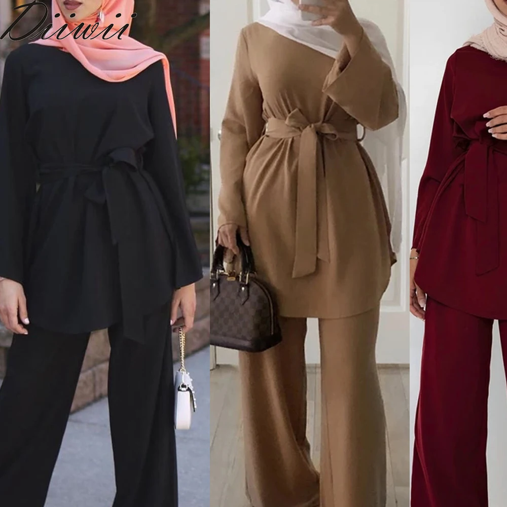 

Diiwii Newest 2021 Middle East Dubai Fashion Women's Simple Wide Leg Pants Muslim Lace Suit