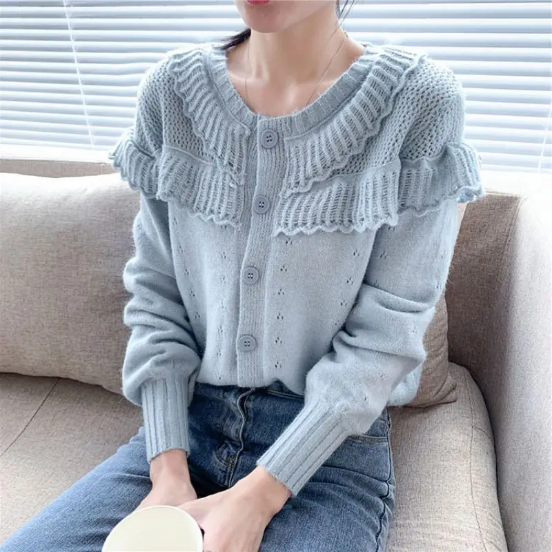 

Autumn Lantern Sleeve Hollow Sweater Cardigan Women's 2021 New Round Neck Ruffled Small Fresh Sweater Women's Coat кофта женска