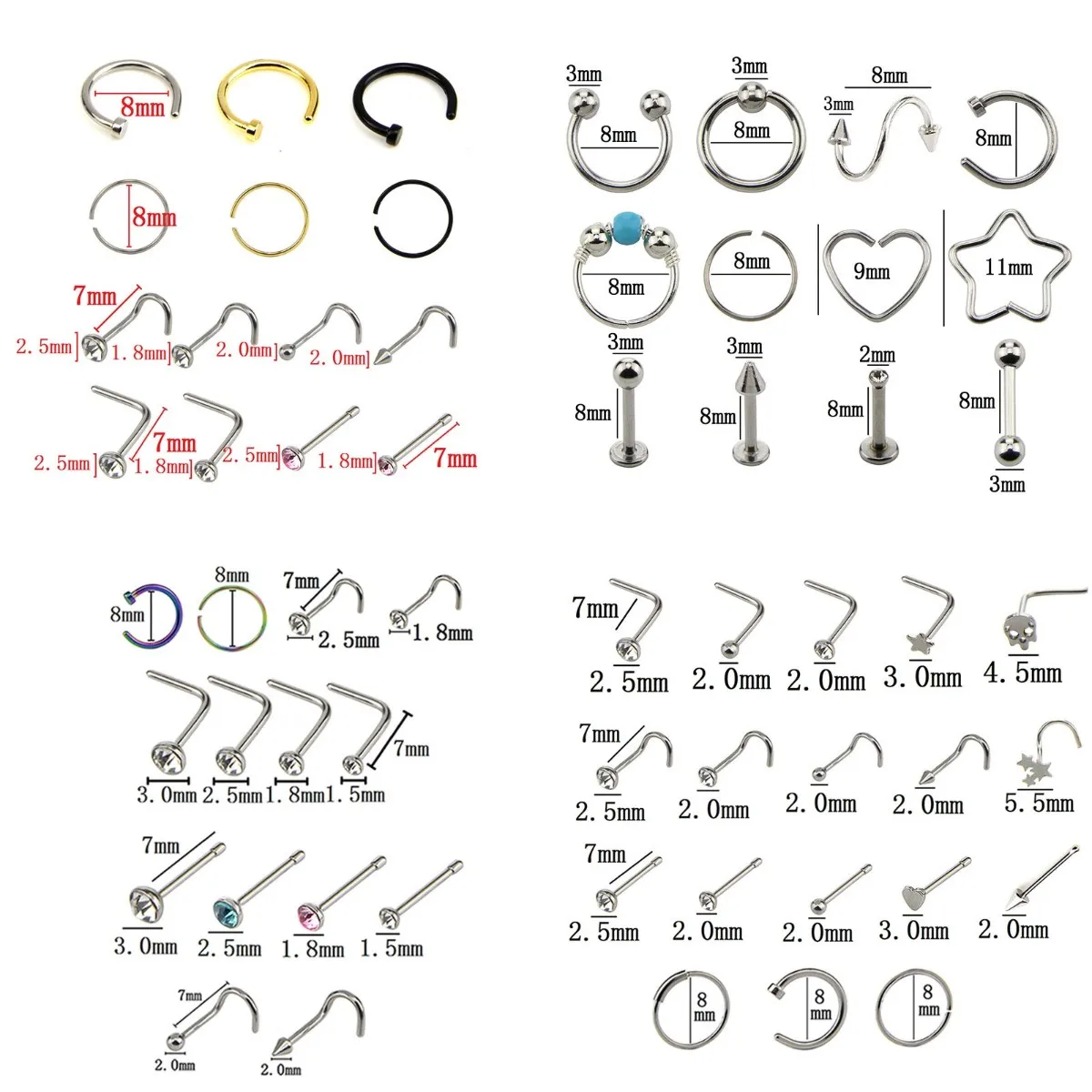 

12PCS/14PCS/20PCS/21PCS Rhinestone Nose Studs Ring Hoop Bone Bar Pin Stainless Steel Nose Ring Piercing Body Jewelry
