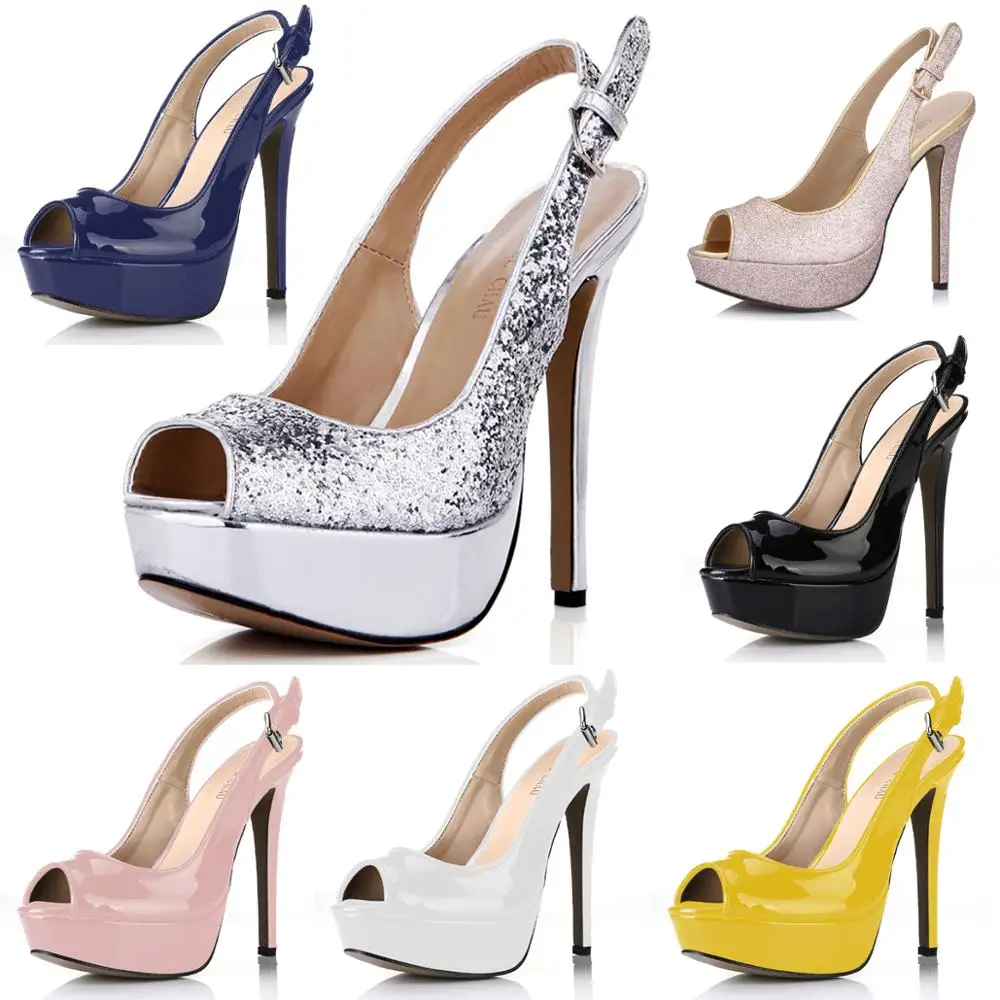 

CHMILE CHAU Silver Glitter Sexy Party Shoe Women Peep Toe Stiletto High Heel Slingback Platform Lady Pumps Zapatos Mujer 3463B-v