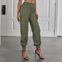 modern green cargo pants streetwear pocket long sweatpants women baggy elastic waist harem pants push up mujer wide leg trousers