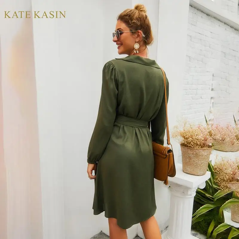 Kate Kasin офисное женское платье-рубашка с длинным рукавом длиной до колена