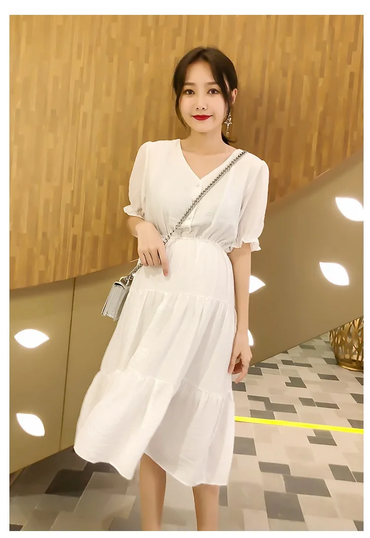 Hot new pregnant women summer dress pregnancy V-neck buckle can breastfeed pure white simple fairy skirt tide | Мать и ребенок