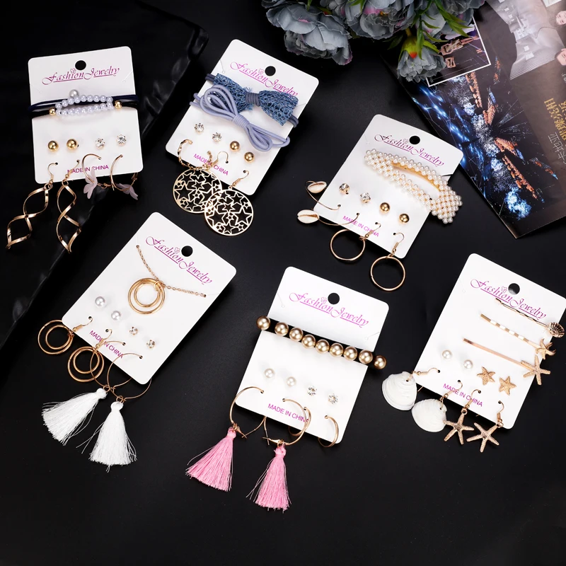 

Trendy 15 Styles Pearl Hair Accessories Geometric Hollow Drop Earrings Women Gold Plated Adjustable Necklace Pendant Jewelry Set