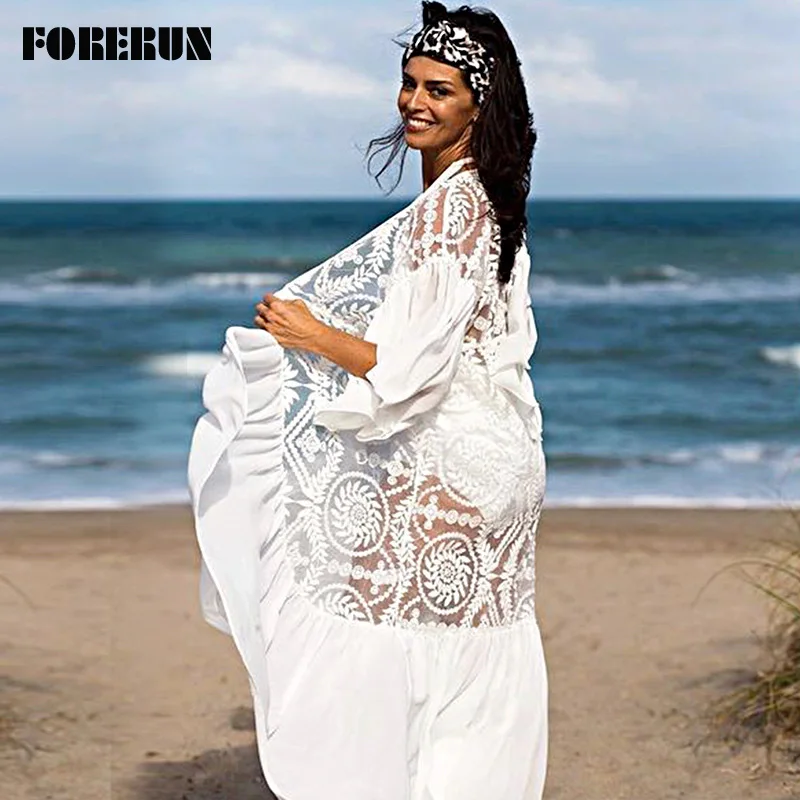 FORERUN кружевная накидка Женская туника белое пляжное платье Летнее Длинное