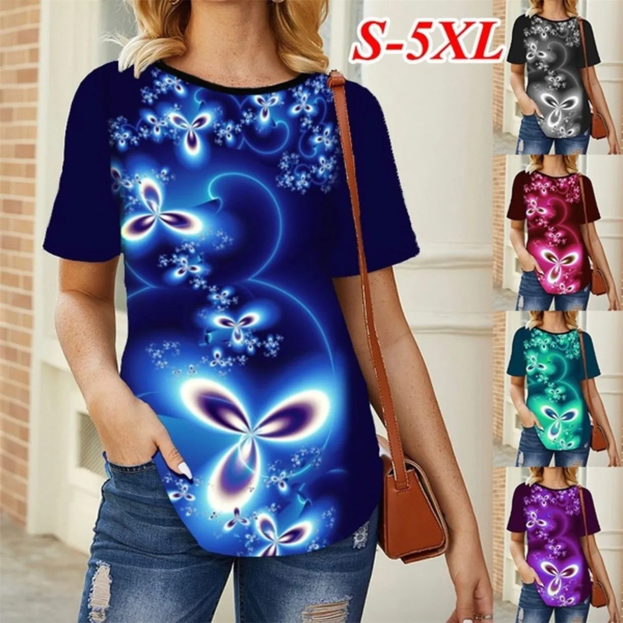 

Summer Women Gradient Digital Print Shirt Casual O-Neck Short Sleeve Top Plus Sise Fashion Street Hipster Ladies Blouses 4XL 5XL