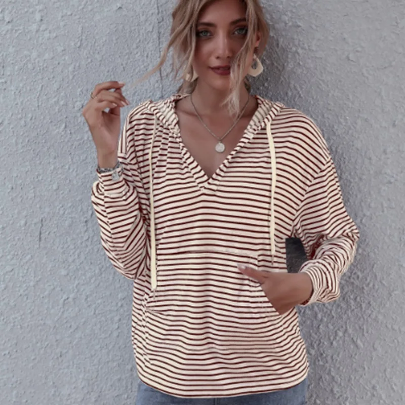 

Women Hooded Sweatshirt with Horizontal Stripes V-neck Kangaroo Pocket Drawstring Design Spring Clothing
