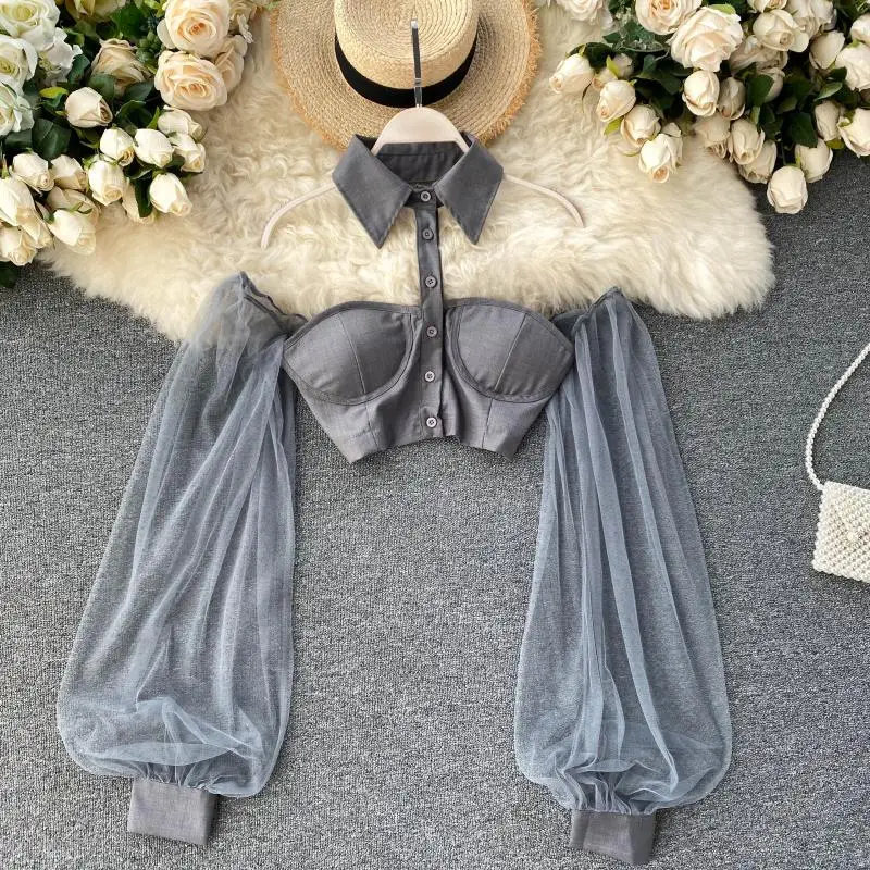 

Lady New Fashion Halter Long Lantern Sleeve Short Tops Women's Autumn Short Shirt Solid Color Elegant Sexy Blouse N686