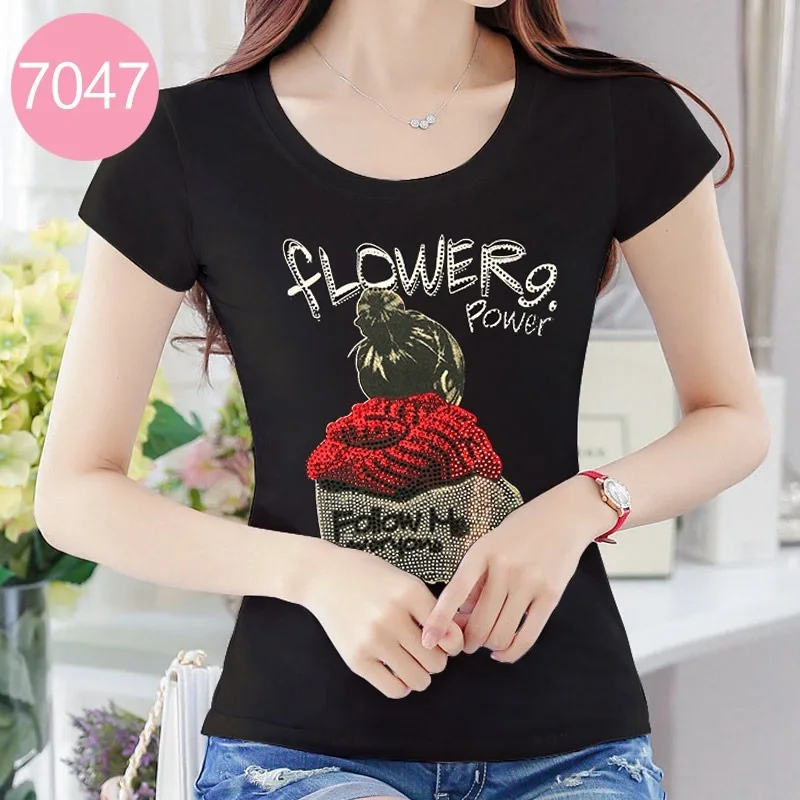 Горячая Алмаз футболки 2019 новые летние женские Стразы Футболка женская верхняя