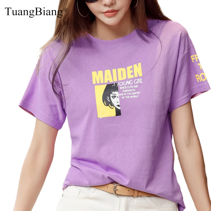 

Letter Personalized Pattern Printing Short Sleeve T-Shirt Cotton Women Summer 2021 Loose O-Neck TShirt Casual Fashion Purple Top