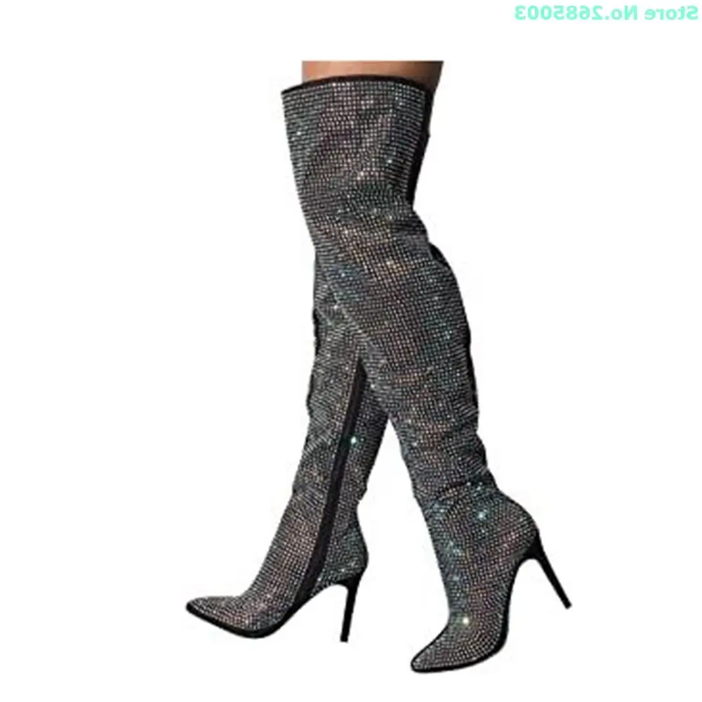 

Studded Thigh High Boots Bling Bling Thin High Heels Pointed Toe Side Zipped Women Sexy Autume Winter Party Dress Boots Shoes