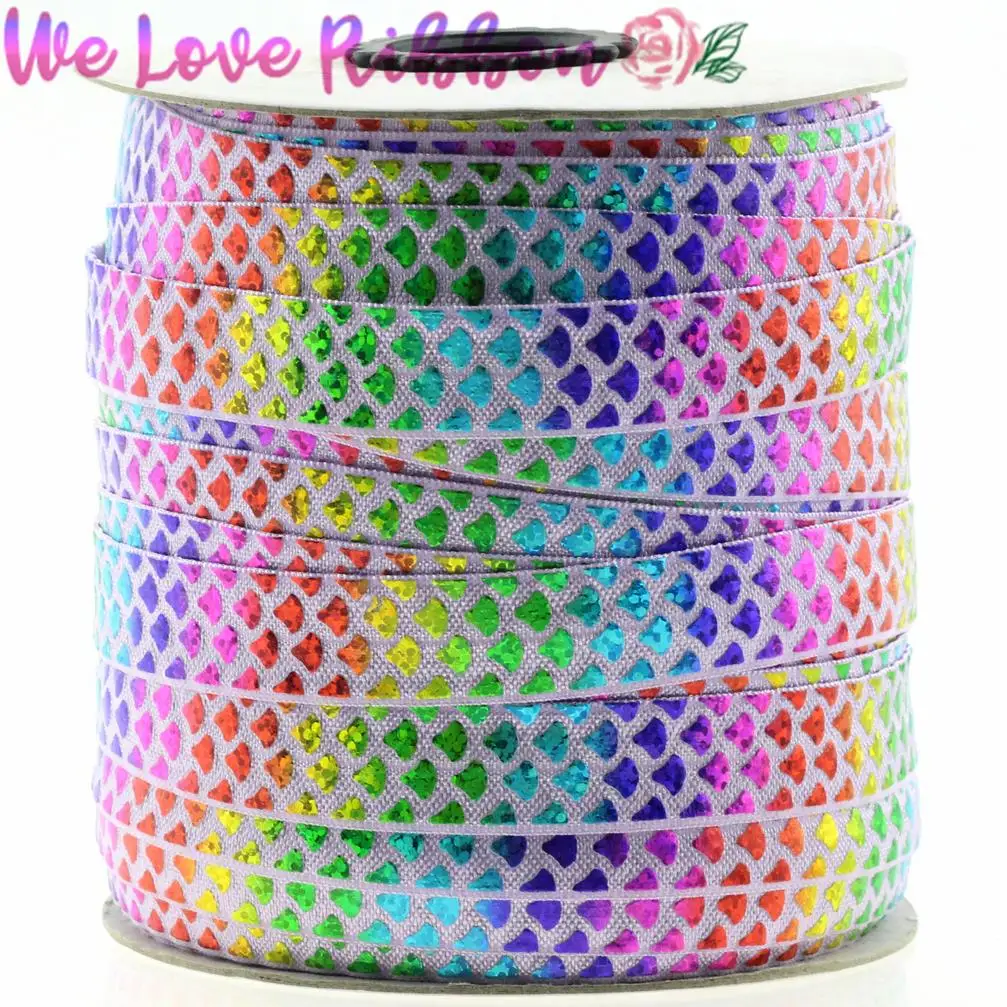 5/8&quot16mm 10yards/roll Stock Sale Scale Patterns Hologram Rainbow Foil Printed Fold Over Elastic Ribbon Handmade Party Decor | Дом и сад