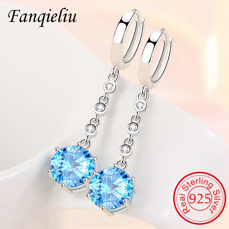 

Fanqieliu Woman Gift Long Real 925 Sterling Silver Drop Earrings For Girl Blue White Crystal Dangler Jewelry Trendy FQL21485
