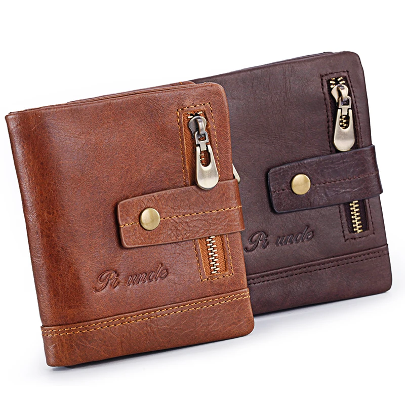 Кошелек мужской из натуральной кожи тонкий бумажник кофейного цвета на молнии