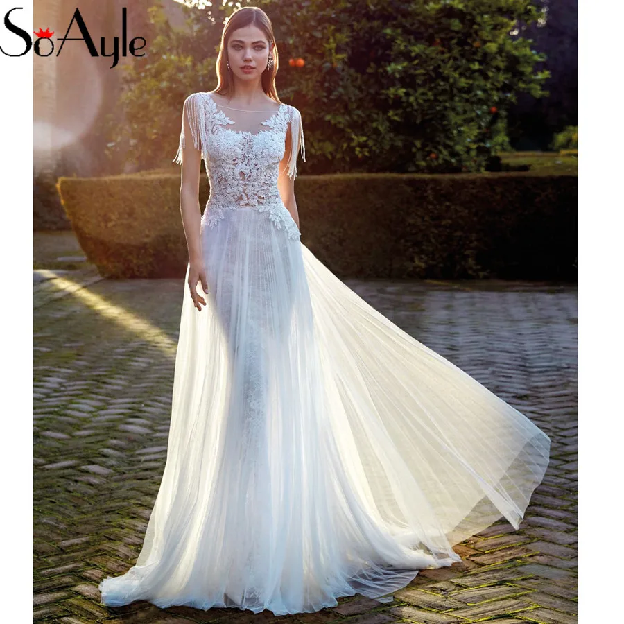 

Женское кружевное свадебное платье SoAyle, белое длинное платье с цветочной аппликацией и бахромой, элегантное платье до пола с бисером