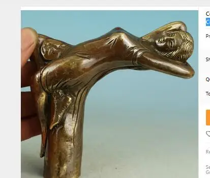 

100% BRASS PURE COPPER BRASS GRANDPA GOOD LUCKY CHINESE OLD BRASS HANDMADE CARVED BELLE COLLECT STATUE WALKING STICK HEAD