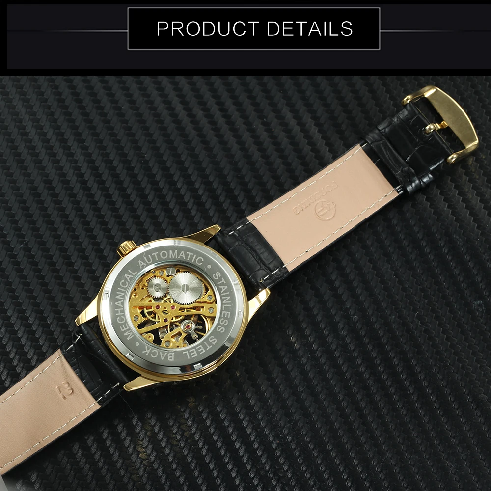 Мужские механические часы FORSINING наручные с кожаным ремешком и золотым скелетом