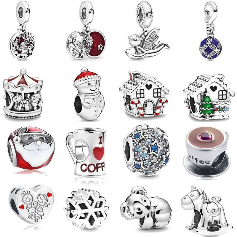 

New Christmas House Snowman Santa Coffe Charm Bead fit Original Pandora charms silver 925 Bracelet for women DIY making jewelry