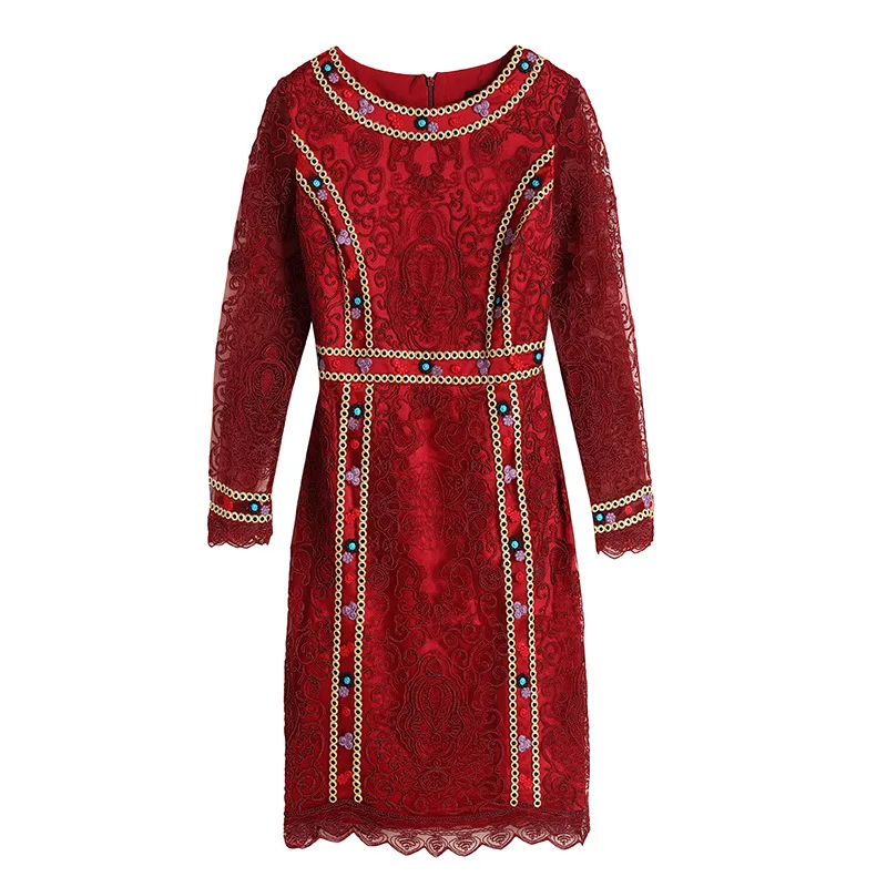 

2020 Autumn Winter Fashion Bodycon Dress Women Appliques Embroidery Beading Deco Long Sleeve Pink Red Dark Blue Party Sexy Dress