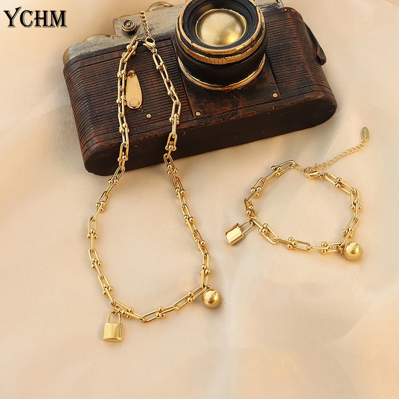 

Stainless Steel Lock Necklace Bracelet Set 18 K Gold U Shape Jewelry Set for Women Hip Hop Vintage Accessories Ins Jewelry YCHM