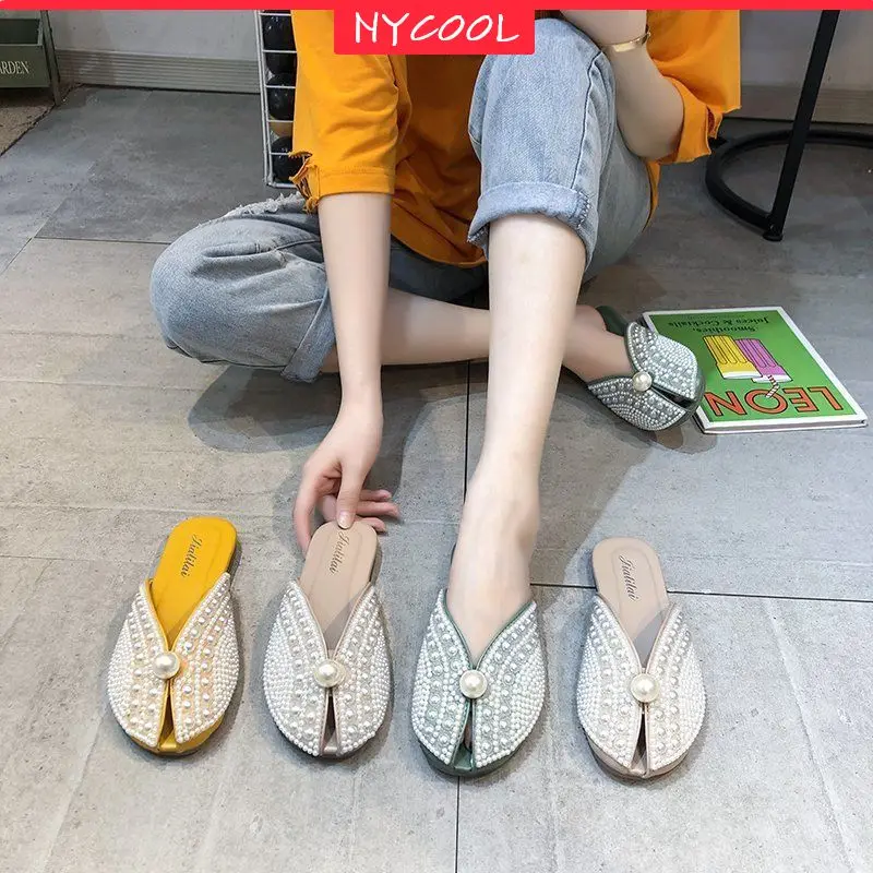 

NYCOOL Brand Fashion Pearl Slippers Girls Princess Shoes Women House Flip Flops 2020 Summer Outdoor Casual Beach Sandals INS Hot