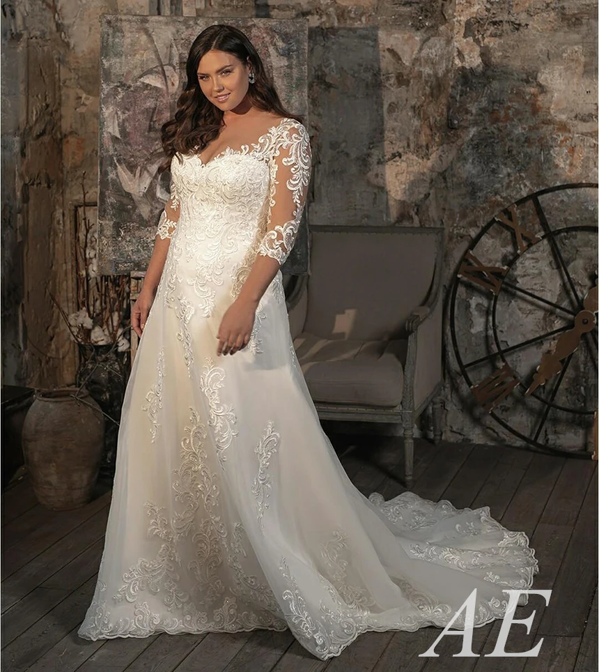 

Gorgeous Backless Tulle Sheer Wedding Dresses A-Line 3/4 Sleeves Lace Appliqué Bridal Gowns свадебное платье vestido de novia
