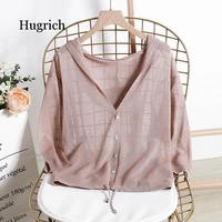 hooded thin sweater cardigan women silk linen spring summer lace up v neck short design loose cape cardigans outerwear female