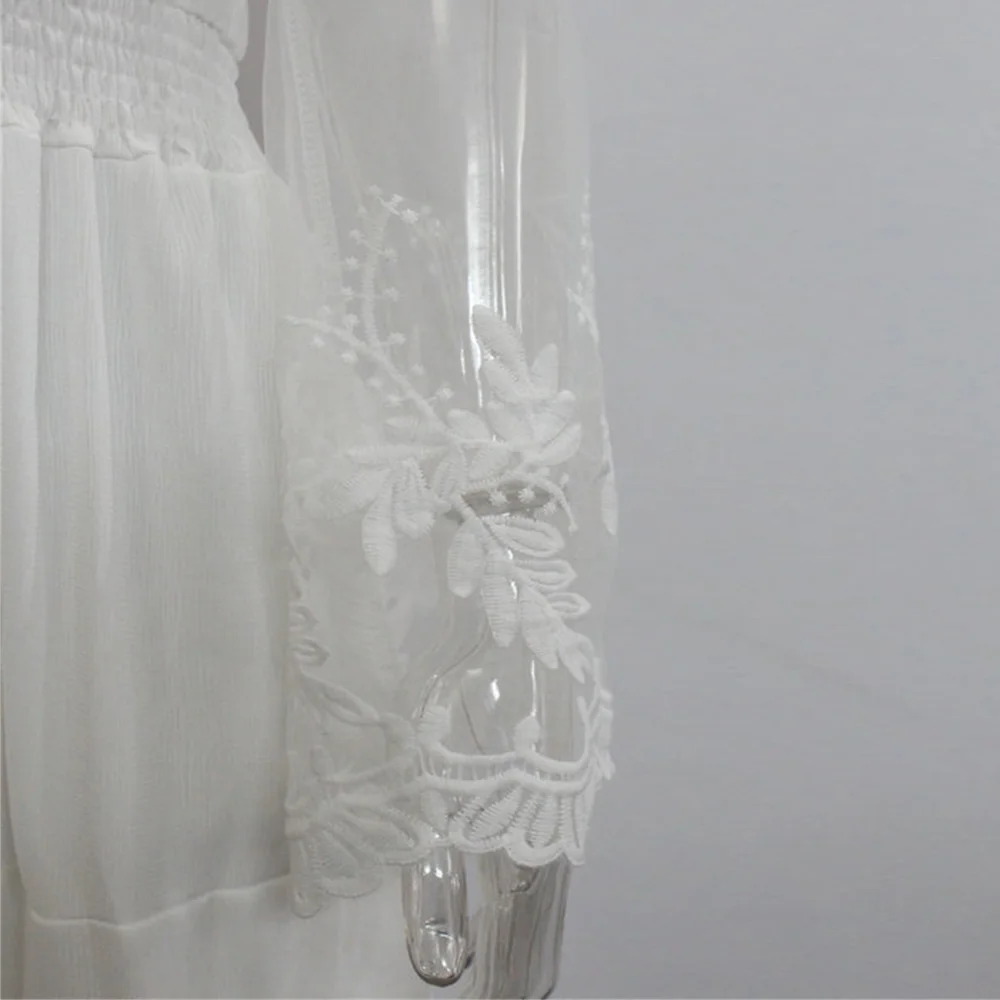 

New Women Dress Chiffon Word Collar Lace Stitching Dress Fashion Flared Sleeve White Long Dress Bohemian Beach Holiday Dresses