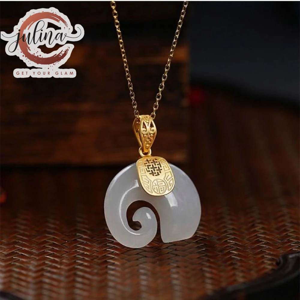 

Easter Fashion Unique Shape Birthstone Vintage White Jade Elephant Pendant 18K Gold Plated Chain Necklace