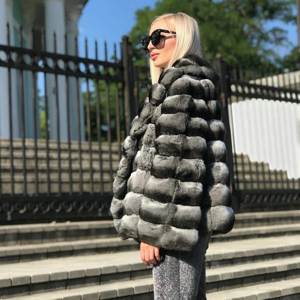 Women New Real Rex Rabbit Fur Jacket with Turn-down Collar High Quality Winter Woman Natural Rex Rabbit Fur Coats Outwear Warm