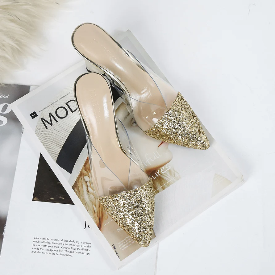 2019 г. Женские летние пикантные туфли на высоком квадратном каблуке 8 см шлепанцы