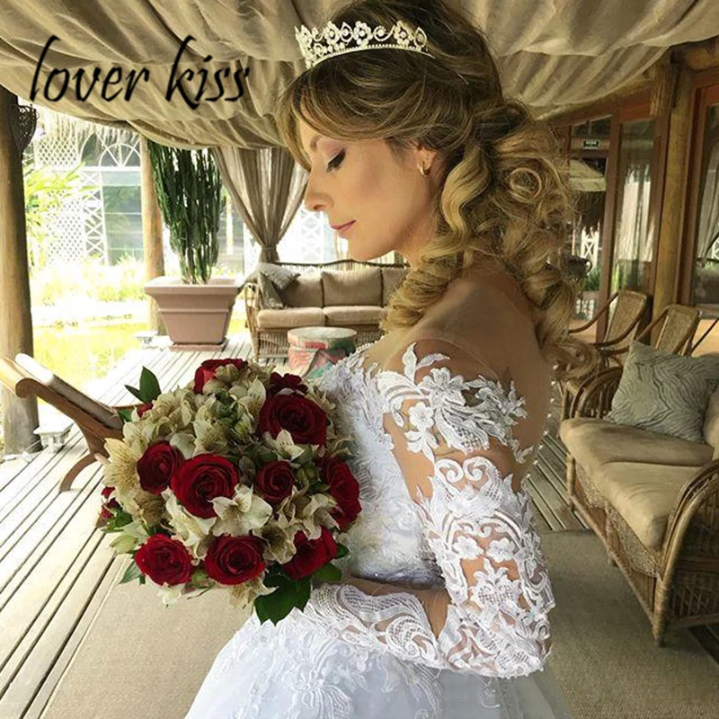 

Lover Kiss Vestido De Noiva Illusion Neck Long Sleeve Wedding Dress Lace Appliques Pearls Bridal Gown Customize Brautkleid 2021