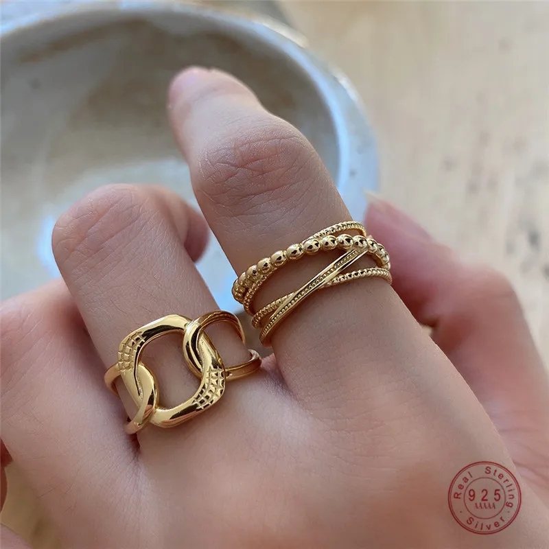

925 Sterling Silver European Simple Multilayer Chain Open Ring Women Punk Hip Hop Classic Jewelry Accessories Friendship Gift