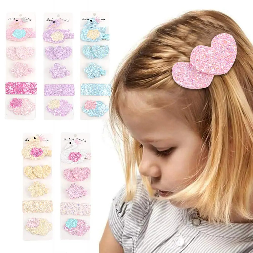 

5pcs/set Valentine's Day Girls Hair pins Sequined Swan Hair Clips Children Princess Barrettes Baby Hair Accessories Gift New