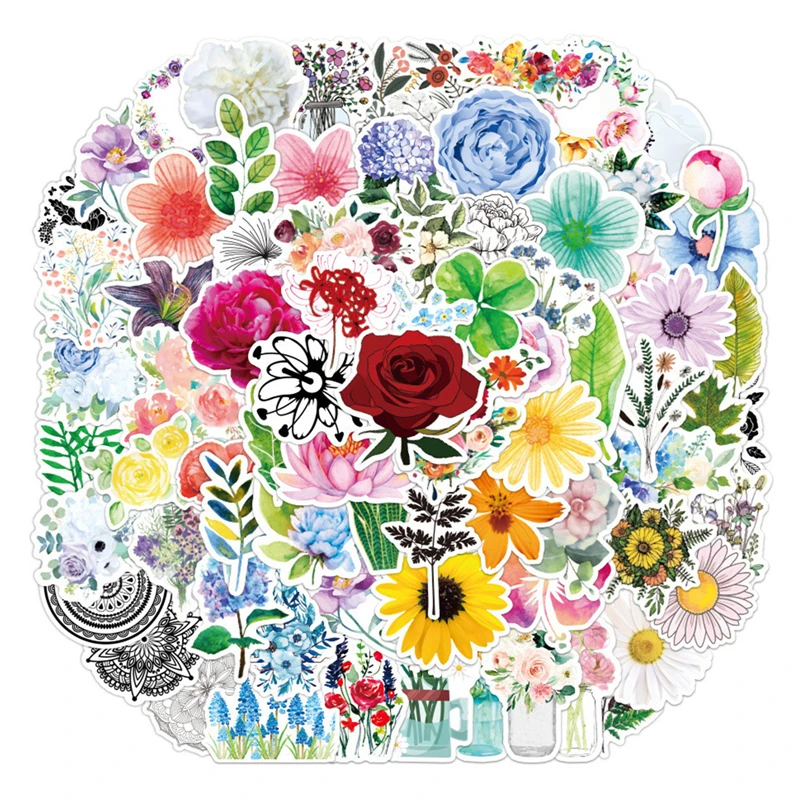 

100Pcs Colorful Fresh Flowers Stickers Floral Plants Graffiti Sticker for Notebook Skateboard Guitar Waterproof PVC Decor Decals