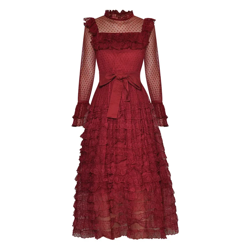 Винно красное Пятнистое Сетчатое лоскутное кружевное платье с оборками длинное