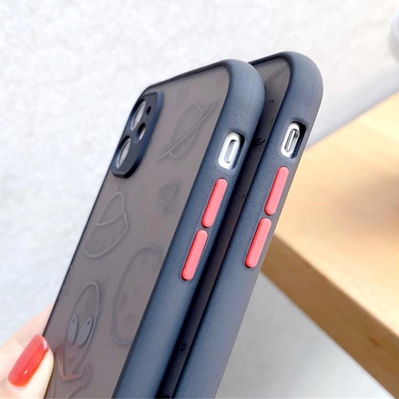 Matte Cartoon Saucer Man Astronaut Phone Case For iPhone 11 12 Pro X XR XS Max SE 2020 7 8 Plus Camera Protect Hard PC Cover