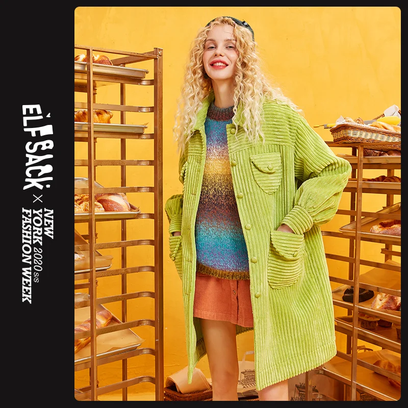 Женский однобортный Тренч ELFSACK зеленый однотонный офисный пиджак с карманами и