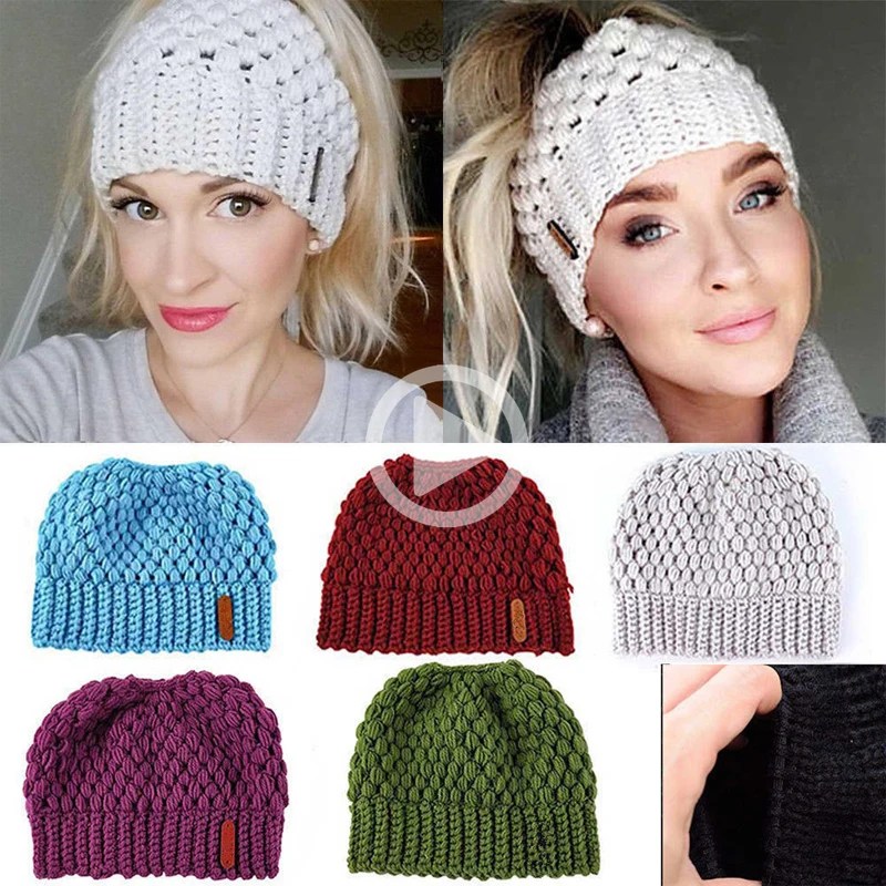 

Winter Knitting Hats Winter Women Hat Ladies Girl Stretch Knit Hat with Tag Messy Bun Ponytail Beanie Holey Warm Hats Caps