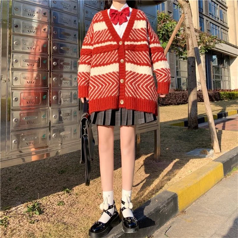 

Japanese Winter Kawaii Sweet Soft Girl Jk Uniform V-Neck Vintage Sweater Women Knitting Cardigan Single-breasted Red Sweaters