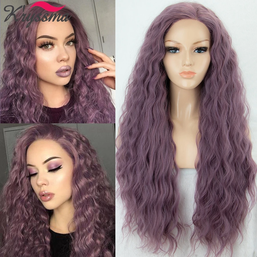 

KRYSSMA Ash Purple Lace Front Wig Long Wavy Synthetic Wigs Glueless Purple Curly Lace Wig Heat Resistant Fiber Hair 22 inches