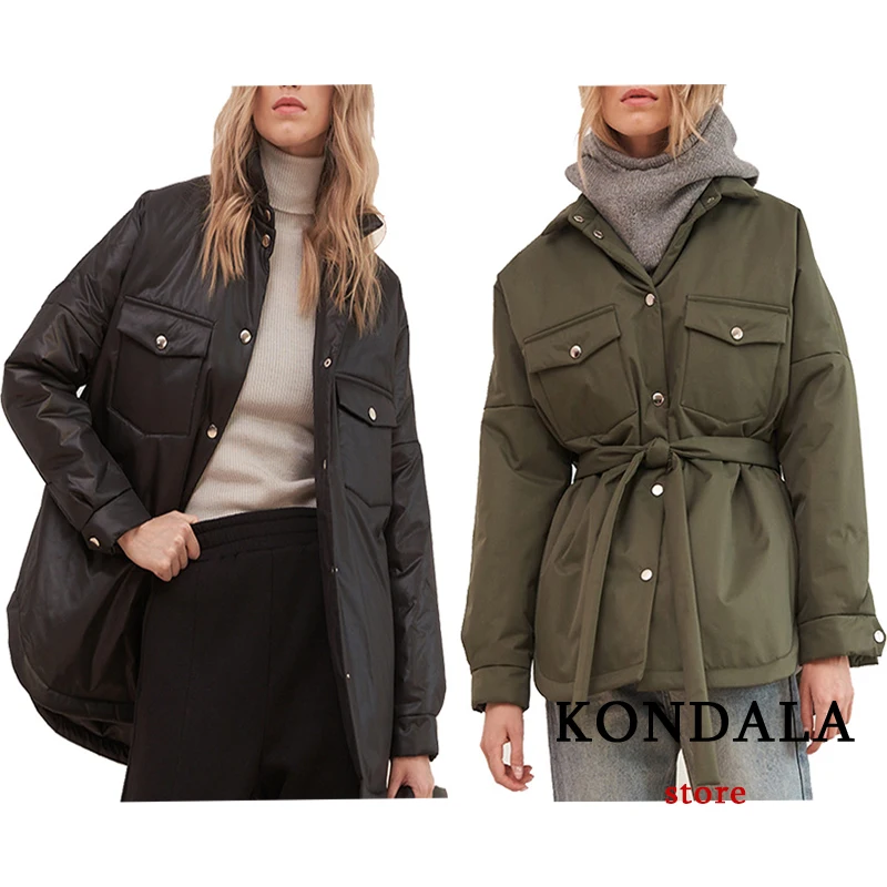 

KONDALA Za 2021 Streetwear Oversized Long Thicken Women Jackets Sashes Pockets Fashion Autumn Winter Coats Casual Women Shirts