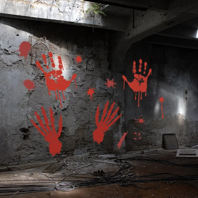 Ужас Кровавый отпечаток руки окна Наклейки на стены для празднования Хэллоуина