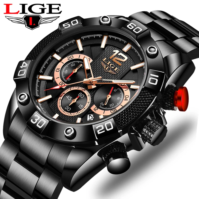Часы наручные LIGE Мужские кварцевые брендовые Роскошные полностью стальные