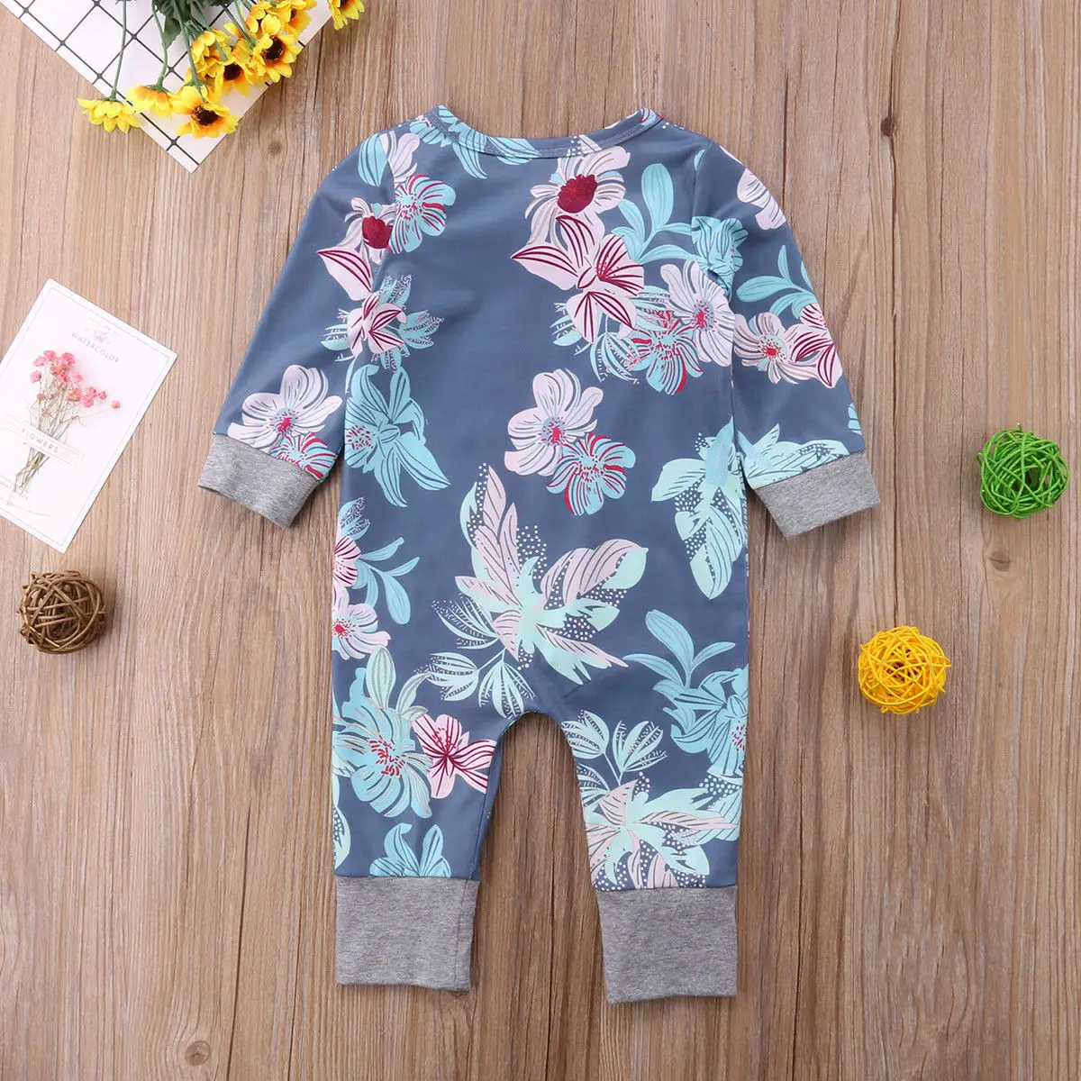 

Newborn Kids Baby Girls Floral Print Romper Long Sleeve Zipper Jumpsuit Sunsuit Outfits Clothes
