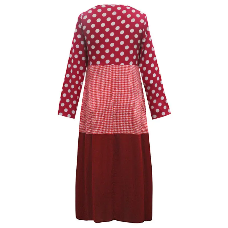 

Women Long Sleeve Polka Dot Patchwork Long Dress Ladies Casual Party Maxi Dress