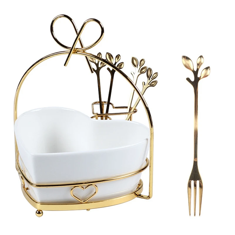 

Ceramic Fruit Plate Heart-Shaped Gold Stand Snack Plate Household Tableware Cute Fruit Bowl with Forks Holder