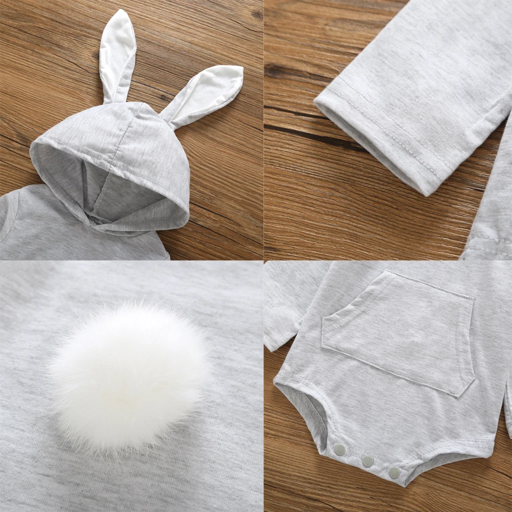 Easter Newborn Baby Kdis Girl Boy Long Sleeves Romper Solid Lovely Cartoon Rabbit Ear Hoodie Jumpsuit Outfits