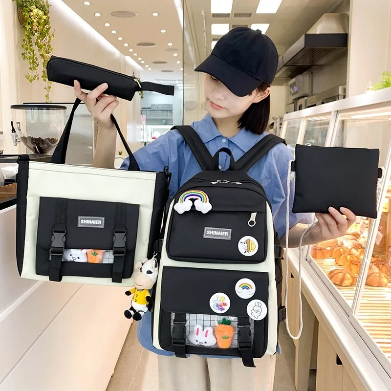 

Four-piece Schoolbag Canvas Large Capacity Women's Backpack Korean Style All-match Student Bags