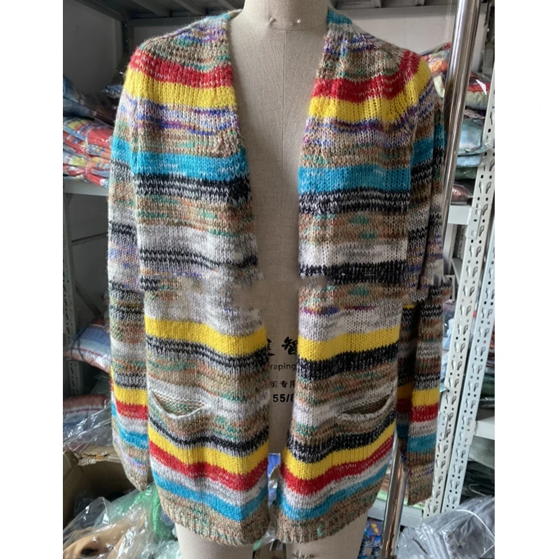 

Lugentolo Rainbow Stripes Knitted Cardigan Women Sweater Coat Fall Fashion Streetwear Cardigan Crop Top